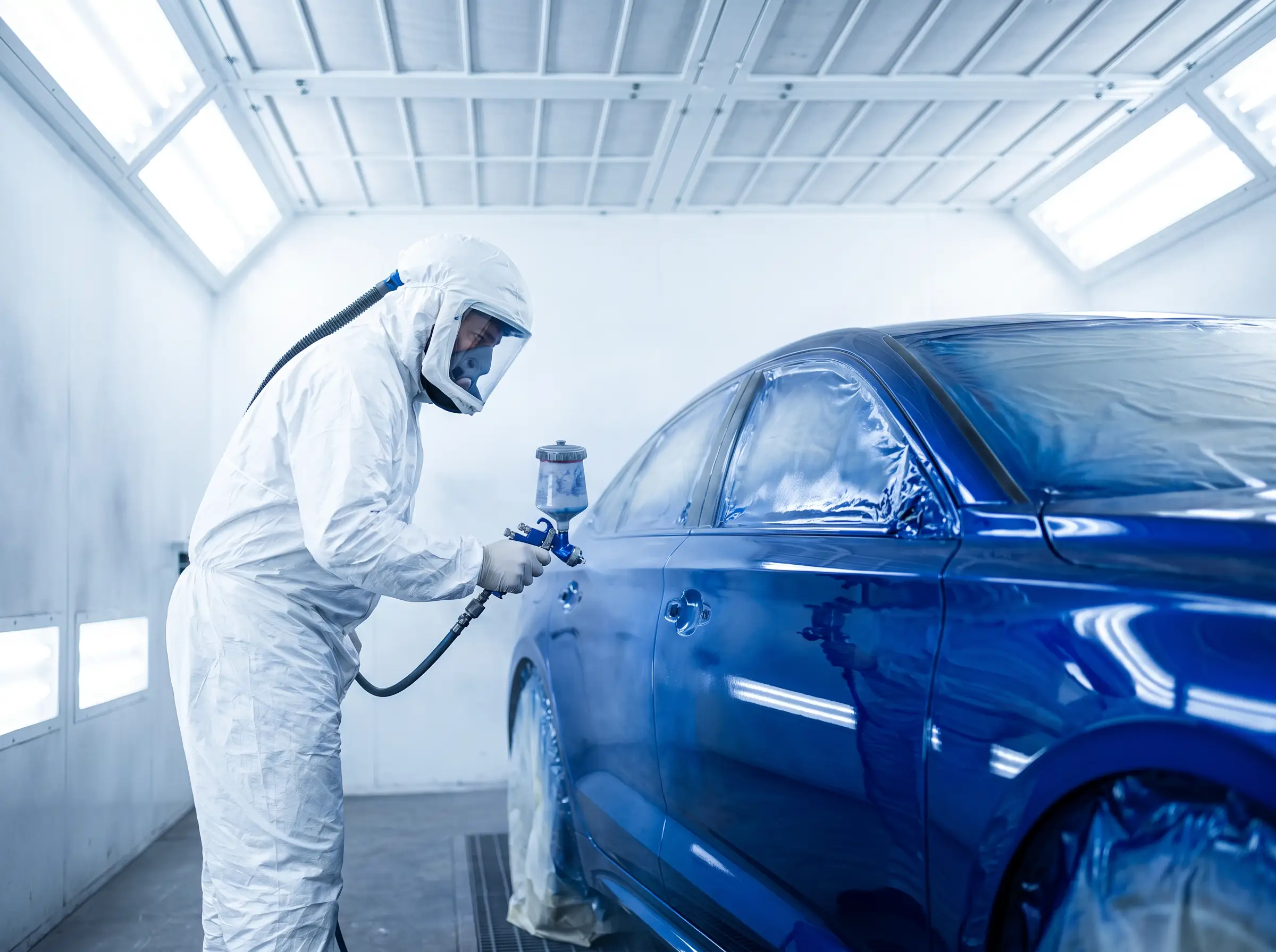 Painter in a white suit spraying blue paint onto a car door in a paint booth