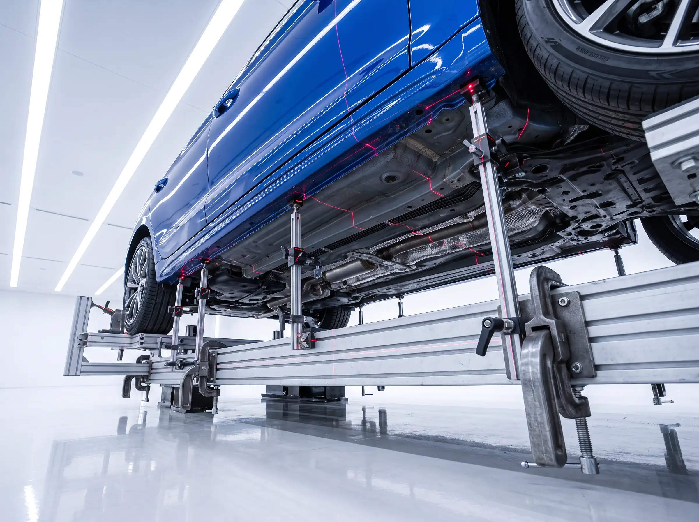 Blue sedan on a frame-straightening bench with laser measuring targets
