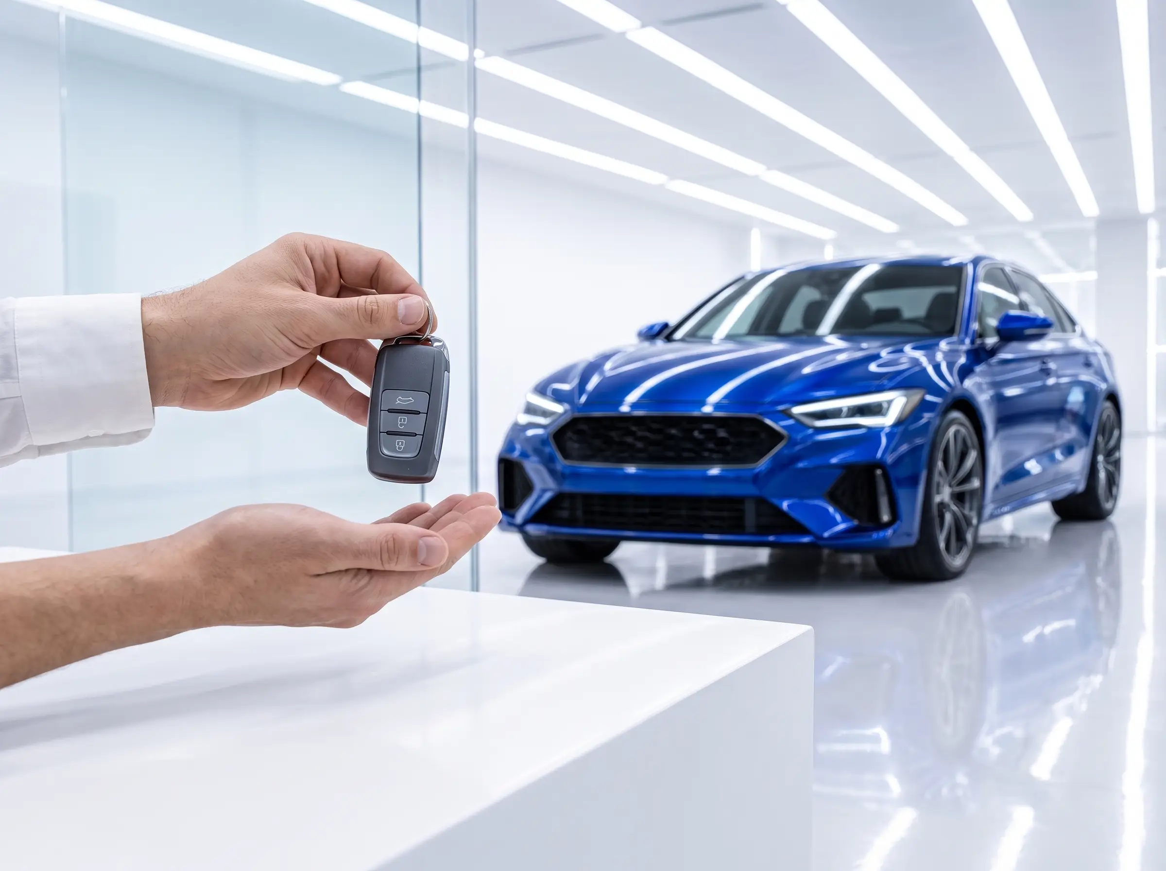 Car keys handed across a service counter, with a repaired blue sedan behind glass