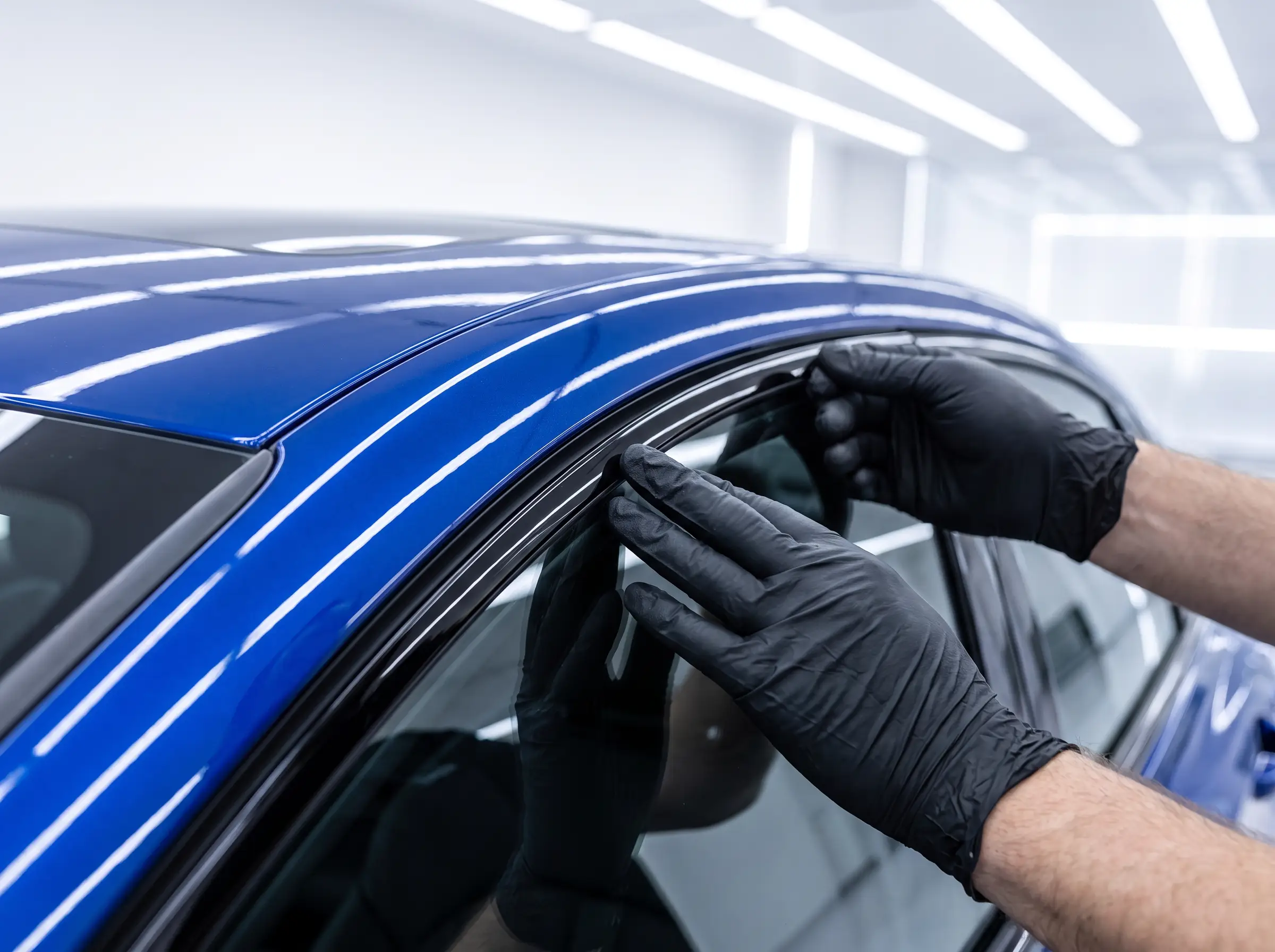 Hands pressing new window trim into place on a blue car
